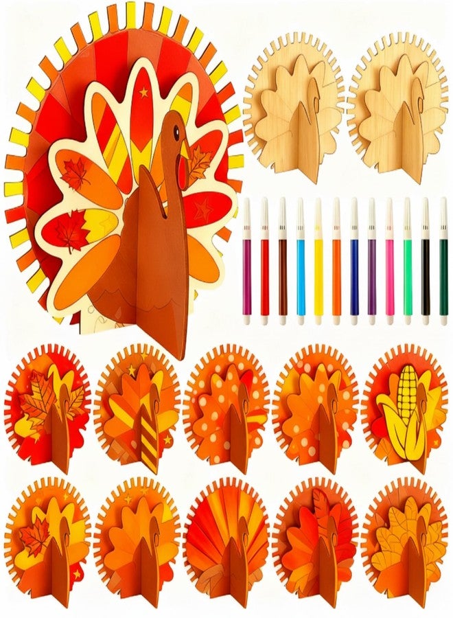 Blueweenly 12 Set Thanksgiving Turkey Wood Crafts to Paint for Kids DIY Turkey Craft Kits with Brush Paintable Unfinished Wooden Slices Fall Cutouts Ornaments Party Favors Wooden Painting Gifts - Image 1